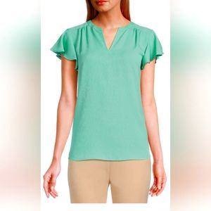 Investments Petite Women's Green Flutter Sleeve Top Business Casual Size LG P